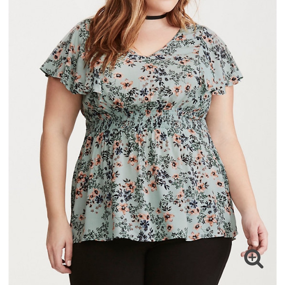 TORRID Floral Print Flutter Sleeve Smocked Top